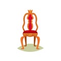 Antique chair with red velvet trim and crown. Golden throne of king. Luxury royal furniture. Museum item. Flat vector