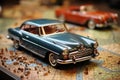 Antique charm, car model on open map, selective focus on cartography