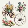 Antique Charm: Recycled Wooden Wheel Laden with Spring Flowers AI Generated