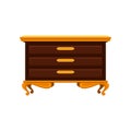 Antique chest of drawers with golden legs, handles and top surface. Old wooden commode. Vintage furniture. Flat vector Royalty Free Stock Photo