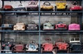 Antique children`s toy cars on the collector`s shelf