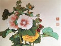 Antique Chinese Painting Hollyhock Flowers Flower Blossom Floral Bird Brush Paintings Watercolor Nature Plants Prints Royalty Free Stock Photo