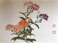 Antique Chinese Painting  Chiba Dianthus Flowers Flower Blossom Floral Bird Brush Paintings Watercolor Nature Plants Prints Royalty Free Stock Photo