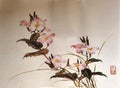 Antique Chinese Painting Orchid Orchids Flowers Flower Blossom Floral Bird Brush Paintings Watercolor Nature Plants Prints Royalty Free Stock Photo