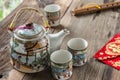 Antique Chinese tea set on wooden table