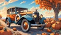 Antique classic passenger car parked country road pumpkin patch Royalty Free Stock Photo