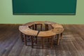 Antique classroom in school with Circle Row of empty wooden desks