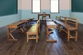 Antique classroom in school with Rows of empty wooden desks