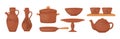 Antique clay crockery with patterns set. Ancient kitchenware dishes, plate, jug, pot, sauce pan