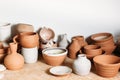 Antique clay crockery set on white background Royalty Free Stock Photo