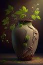 Antique clay vase with cracks and leaves. Black jug on dark background, beautiful light. Monochrome colors. Generative AI Royalty Free Stock Photo