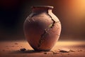 Antique clay vase with cracks. Terracotta jug on dark background, beautiful light. Monochrome colors. Generative AI Royalty Free Stock Photo