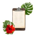 Antique clipboard paper green monstera leaves white background