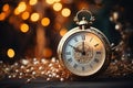 An antique clock on a blurred festive background shows the approach of the New Year