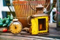 an antique clock and a lantern on the background of a flower pot. Royalty Free Stock Photo