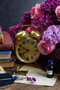 Antique clock with pile of mail Royalty Free Stock Photo
