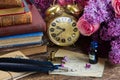 Antique clock with pile of mail Royalty Free Stock Photo