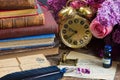 Antique clock with pile of mail Royalty Free Stock Photo