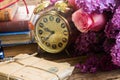 Antique clock with pile of mail Royalty Free Stock Photo