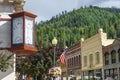 Main street with corner clock in the historic mining town of Wallace Idaho, USA