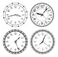 Antique clocks with arabic numerals. Classic and vintage round designs with numbers and hands isolated vector set Royalty Free Stock Photo