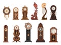 Antique clocks set.Traditional floor or table standing clock with wood carved decoration. Hanging wall pendulum clock Royalty Free Stock Photo