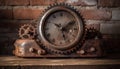 Antique clockworks turning, minute hand ticking, steel machinery in motion generated by AI