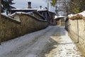 Antique cobblestone street with beauty ancient houses, town Koprivshtitsa