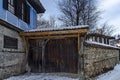 Antique cobblestone street with beauty ancient houses, town Koprivshtitsa