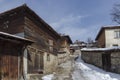 Antique cobblestone street with beauty ancient houses, town Koprivshtitsa