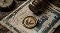 Antique coin, compass, and seal on old stock certificate Royalty Free Stock Photo