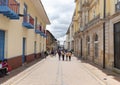 An antique colonial street in Candelaria neighborhood at bogota colombia historic downtown