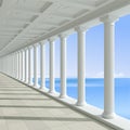 Antique colonnade on a background of blue sea