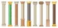 Antique columns and pilars set, classic stone columns in different styles vector Illustrations on a white background