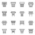 Antique columns, pillars outline icons set isolated on white. Classic plinth, socle, museum pedestal. Royalty Free Stock Photo