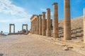 Antique columns and stairway of acropolis of Lindos Royalty Free Stock Photo