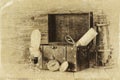 Antique compass, inkwell and old wooden chest on wooden table. black and white style old photo Royalty Free Stock Photo