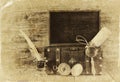 Antique compass, inkwell and old wooden chest on wooden table. black and white style old photo Royalty Free Stock Photo