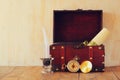 Antique compass, inlwell and old wooden chest on wooden table Royalty Free Stock Photo