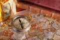 Antique compass and old map Royalty Free Stock Photo