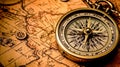 An antique compass placed on a vintage map Royalty Free Stock Photo