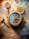 An antique compass placed on a vintage map Royalty Free Stock Photo