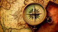 An antique compass placed on a vintage map Royalty Free Stock Photo