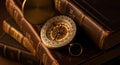 Antique compass resting on a stack of old leather-bound books with a shallow depth of field Royalty Free Stock Photo