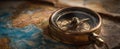 The antique compass resting on a vintage map for explorative adventures. AI generated image Royalty Free Stock Photo