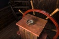 Antique Compass and Steering Wheel on Ship Deck