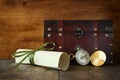 Antique compass on wooden table Royalty Free Stock Photo