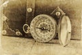 Antique compass on wooden table. black and white style old photo Royalty Free Stock Photo