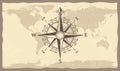 Antique compass on world map. Vintage geographic history maps with marine compasses arrows vector illustration