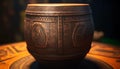 Antique copper bowl on rustic wooden table, illuminated by candle generated by AI Royalty Free Stock Photo